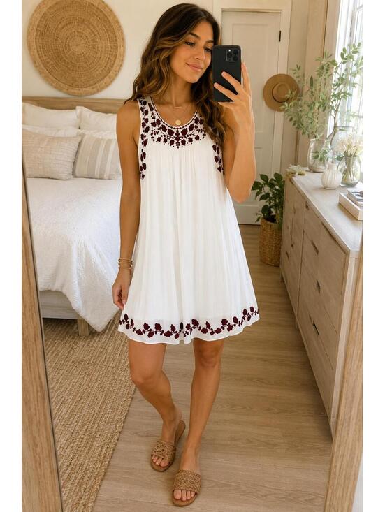 Lucky Brand Dresses & Skirts - Lucky Brand Hanna shift White Dress with Burgundy Floral Embroidery Size M